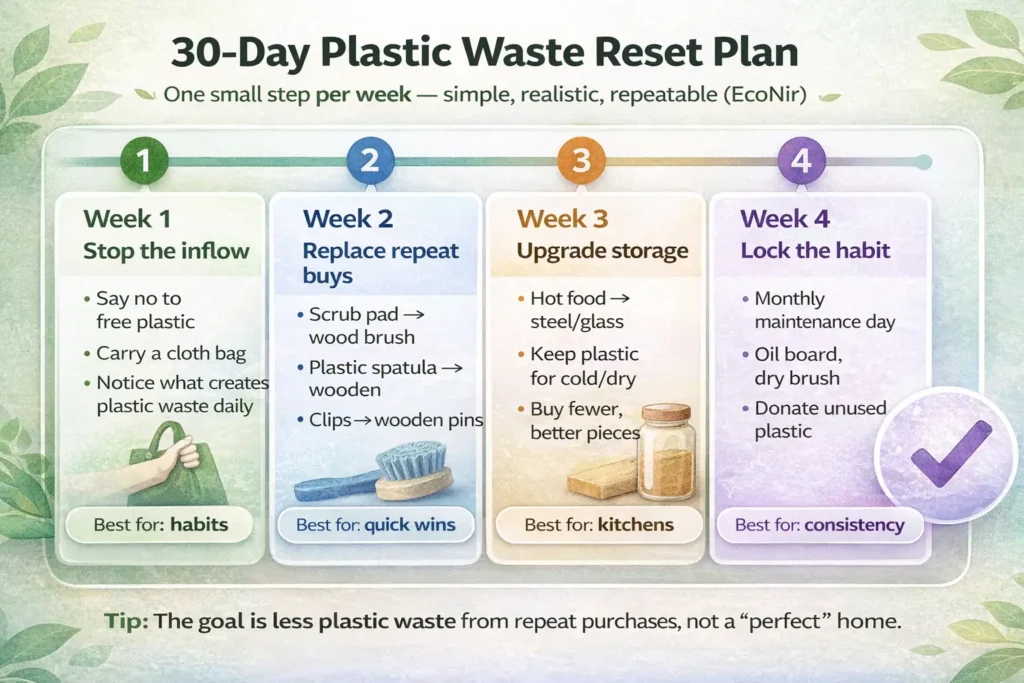 30-day plastic waste reset plan with simple wooden swaps