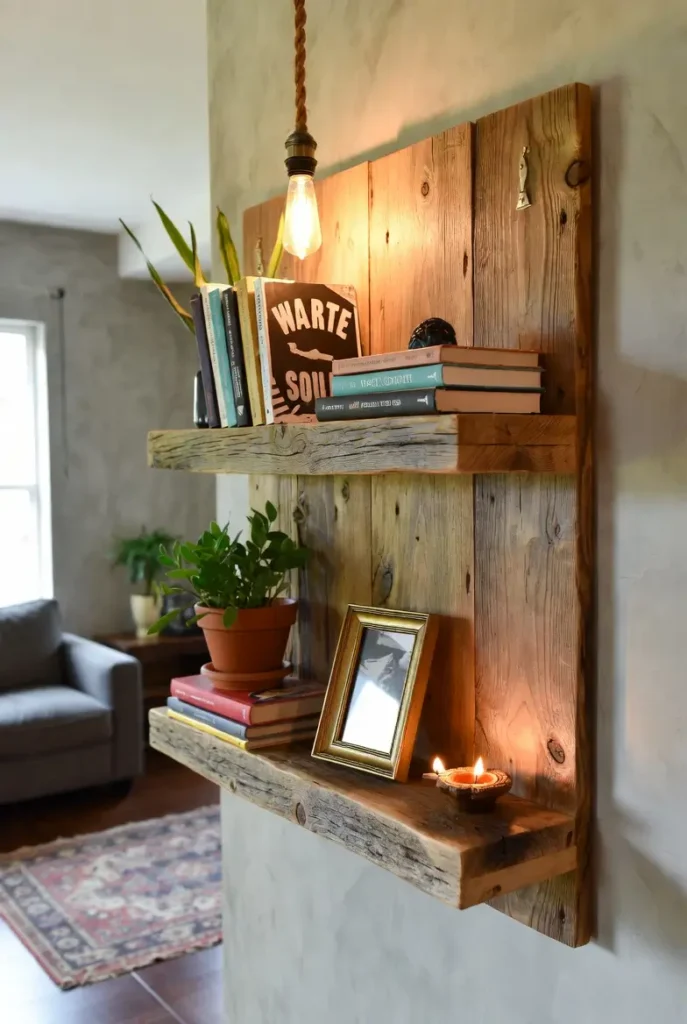 eco-friendly Reclaimed wooden  shelf home décor ideas for Indian homes.