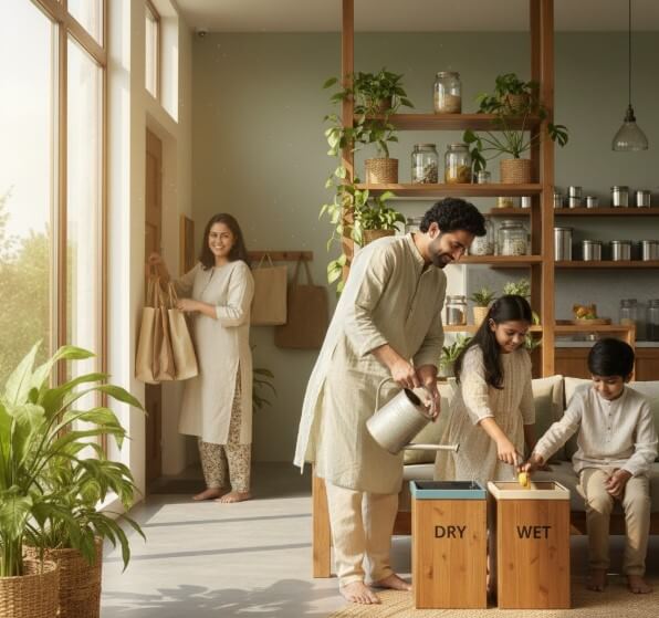 Sustainable living guide for Indian families showing eco-friendly home lifestyle