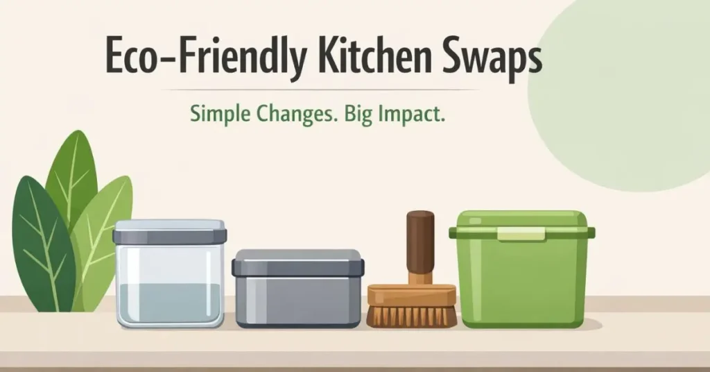 Eco-Friendly Kitchen Swaps with glass containers, stainless steel lunch box and reusable food wraps in a modern kitchen