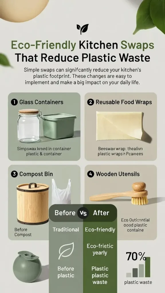 Infographic showing Eco-Friendly Kitchen Swaps including glass containers, reusable cloth towels, beeswax wraps and annual plastic waste reduction data