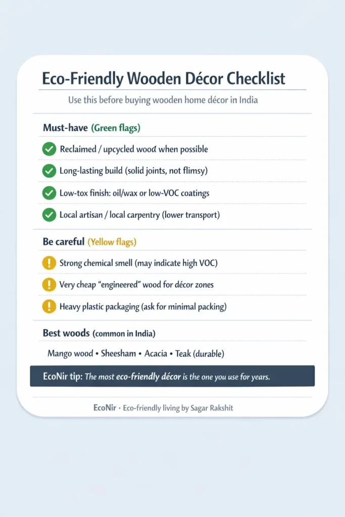 Quick list of 10 eco-friendly wooden home décor ideas for Indian homes.