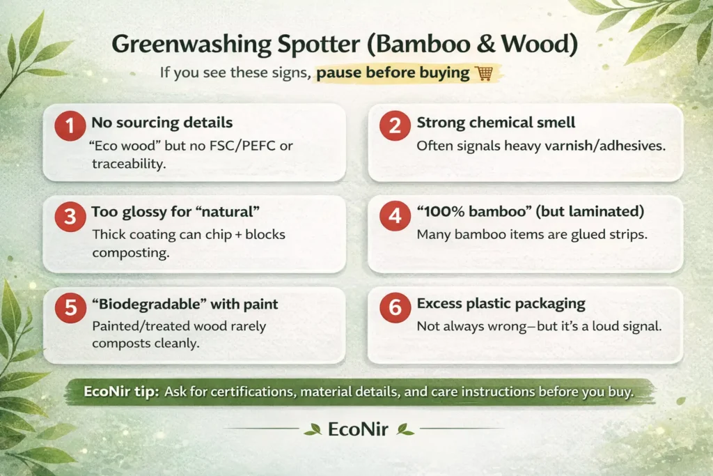 Greenwashing spotter infographic showing 6 red flags in bamboo and wood products