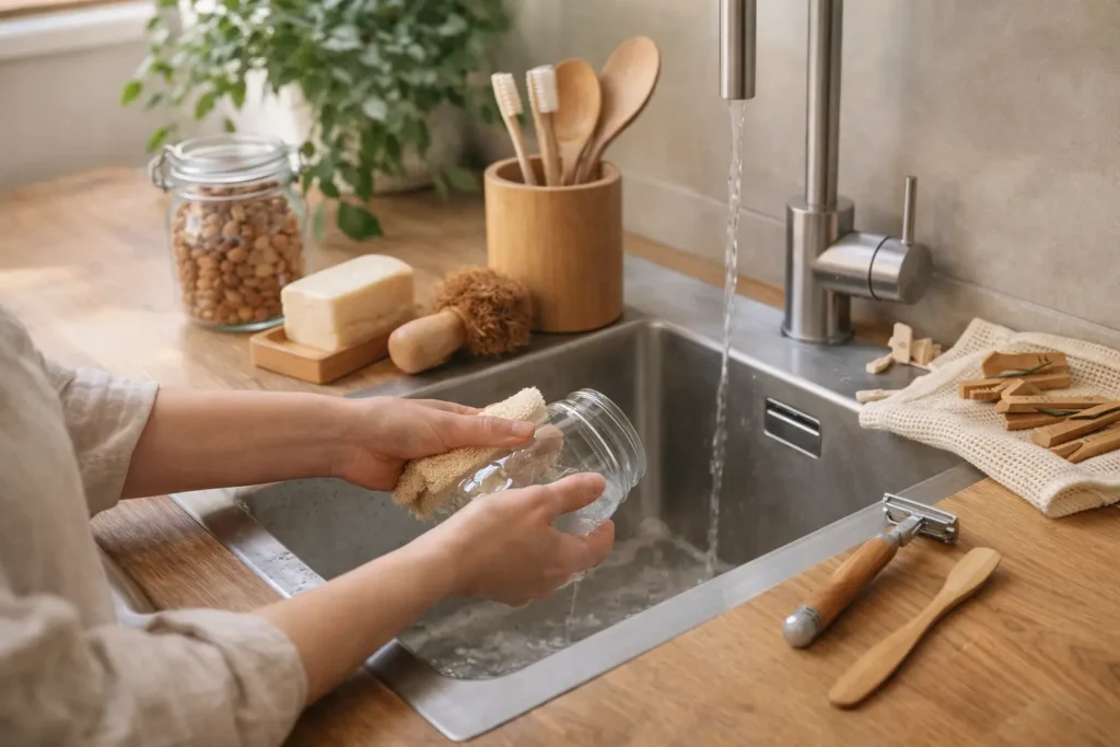 Everyday items harming the environment being replaced with eco-friendly kitchen alternatives like glass jars and natural scrubbers