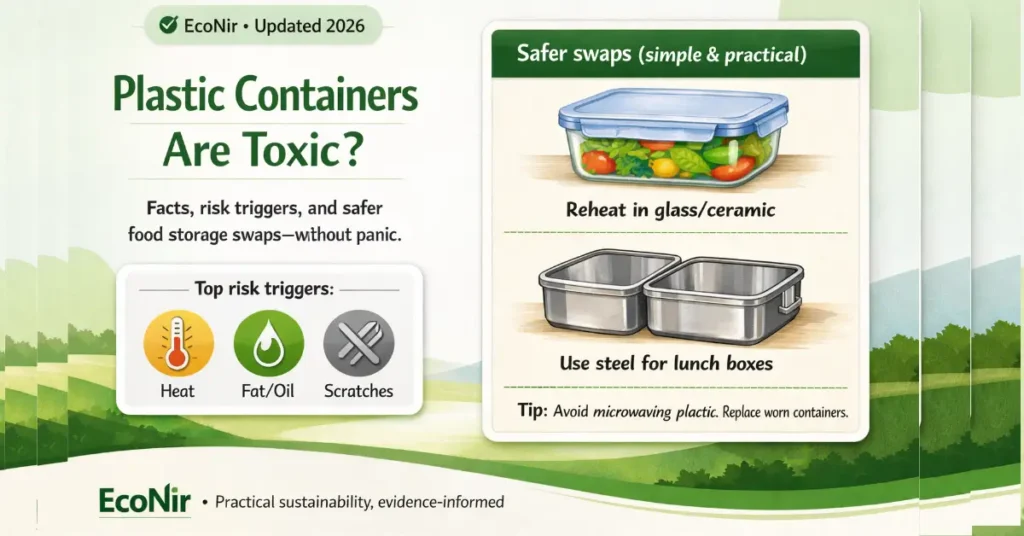 Feature image for “Plastic Containers Are Toxic” showing safer food storage swaps like glass and steel, with heat/oil/scratch risk icons.