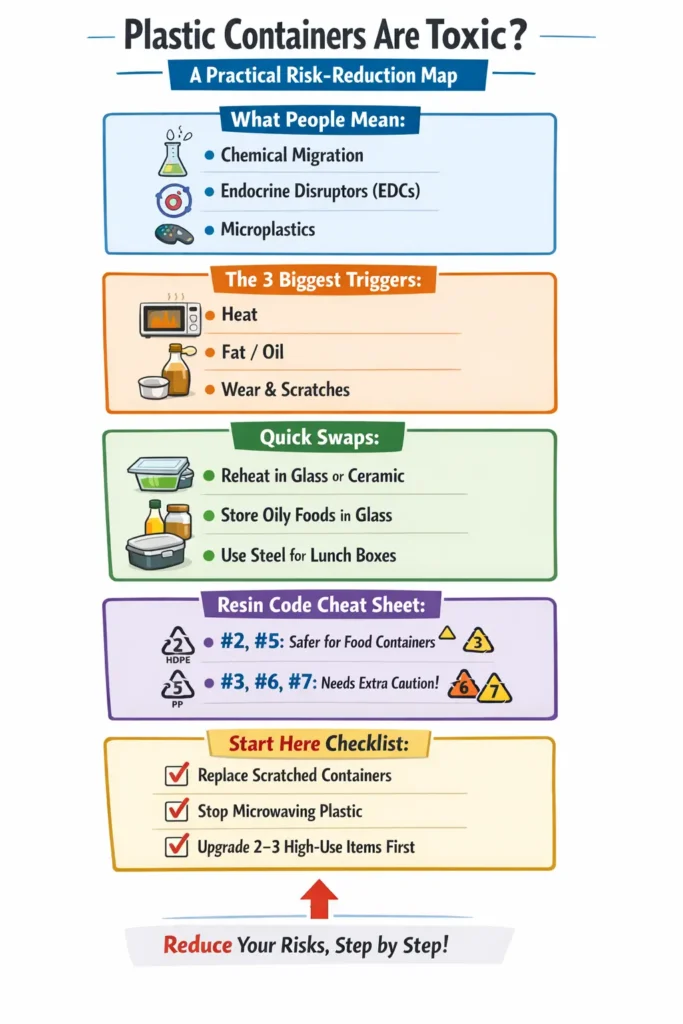 Plastic Containers Are Toxic? Infographic showing triggers (heat, oil, scratches), quick swaps, resin code cheat sheet, and a starter checklist.