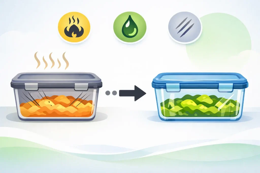“Illustration showing hot, scratched plastic container switching to a glass container for safer food reheating.”