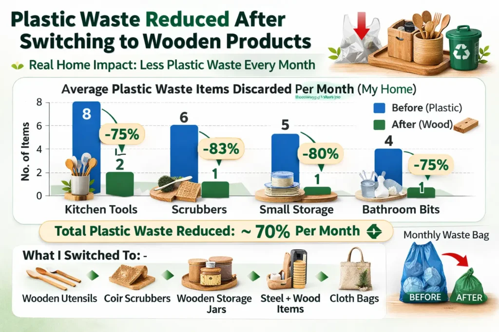 Plastic waste reduction chart showing before and after switching to wooden products at home