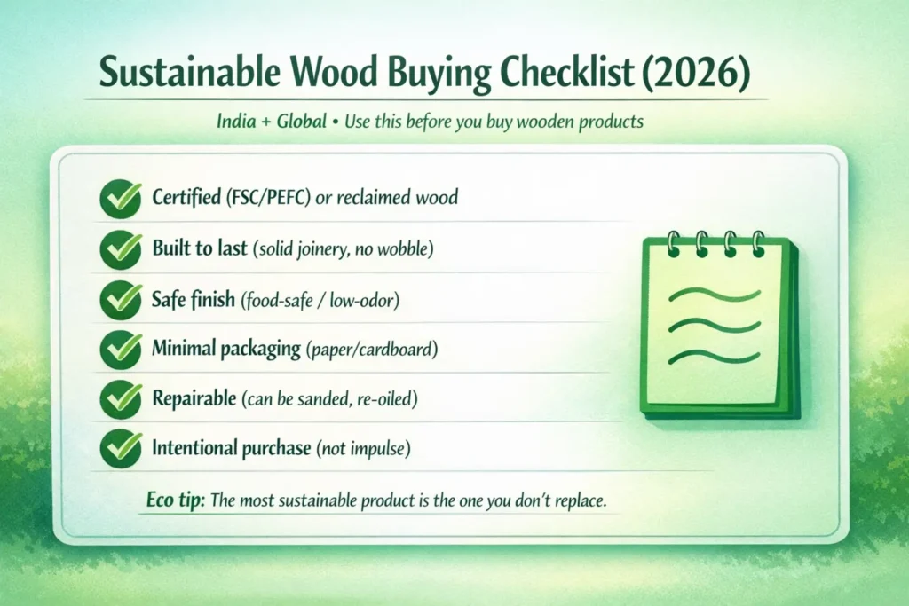 “2026 sustainable living wood buying checklist infographic for India and global readers”