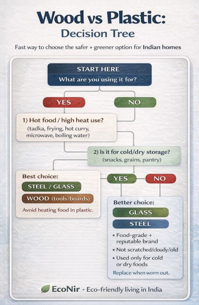Wood vs Plastic decision tree infographic showing the safest and most eco-friendly kitchen storage options for Indian homes, comparing steel, glass, wood, and plastic for hot food and dry storage use.