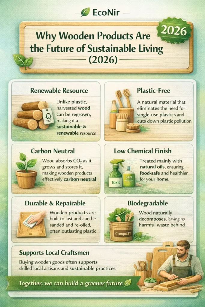 Infographic explaining why wooden products are the future of sustainable living in 2026 including renewable, plastic-free, biodegradable and durable benefits