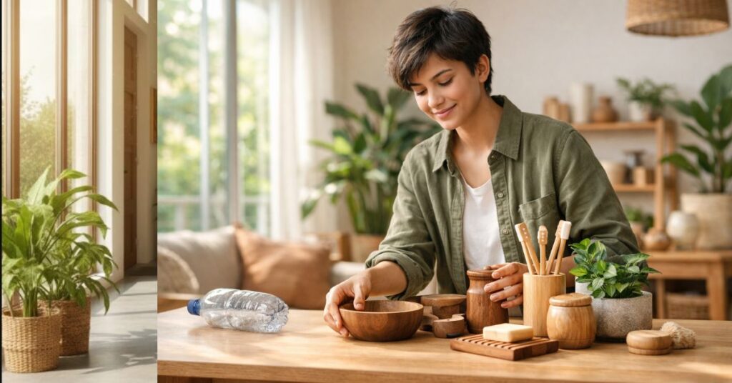 Gen Z choosing eco-friendly wooden products over plastic in a modern Indian home