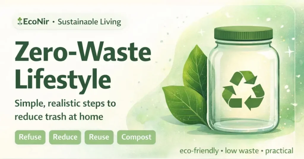 Zero-Waste Lifestyle featured image showing reusable jar with recycle symbol and green leaves for sustainable living in India