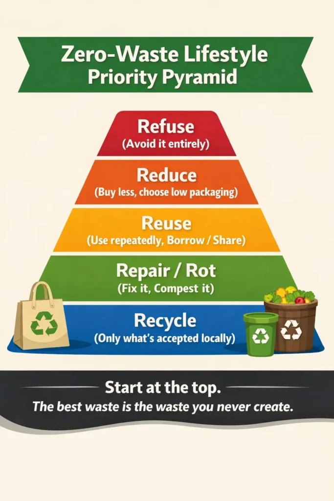 Zero-Waste Lifestyle Priority Pyramid infographic showing refuse, reduce, reuse, repair or compost, and recycle waste hierarchy